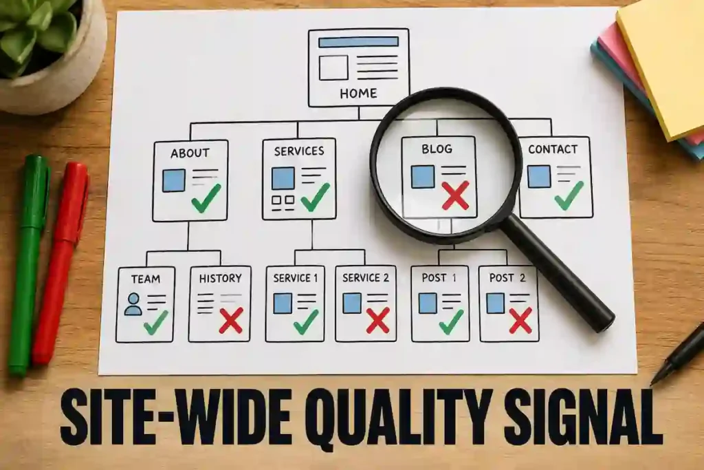 Google Helpful Content Update 2026 site-wide quality signal illustration