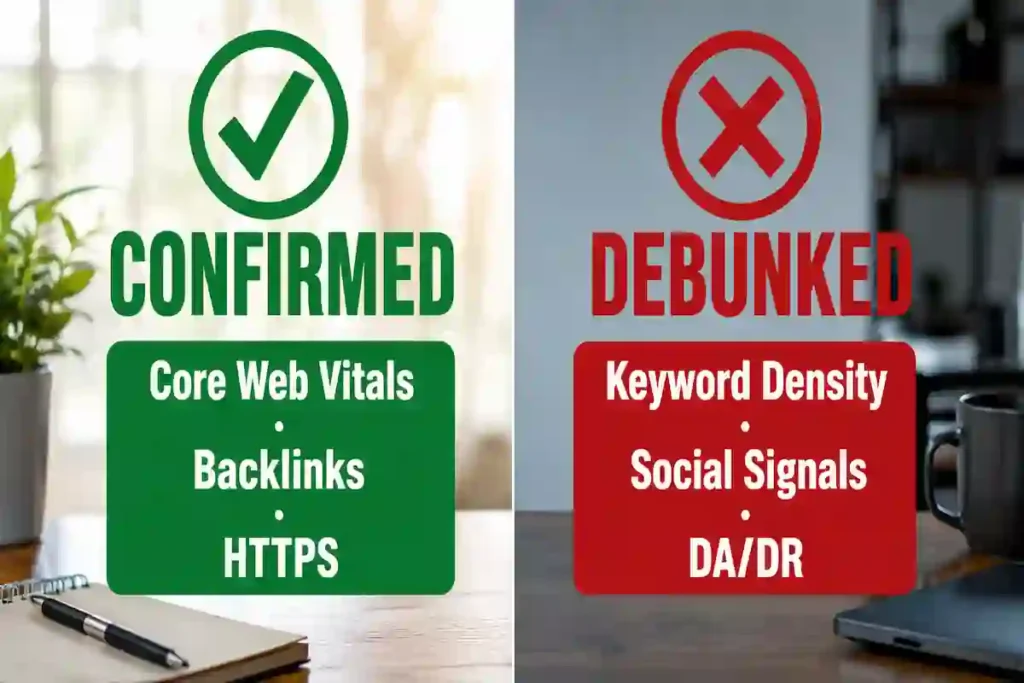 Google ranking factors 2026 confirmed signals versus debunked SEO myths