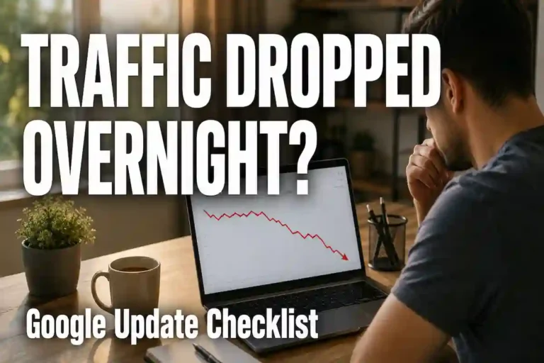Google update traffic drop checklist shown on a laptop screen with a declining graph
